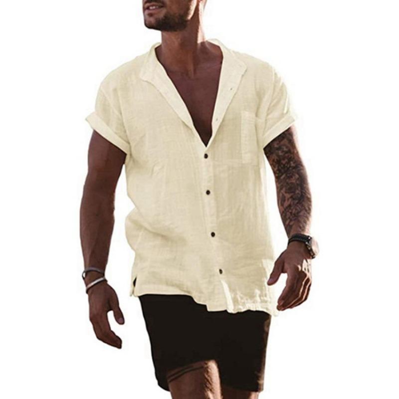 Herren Leinen Baumwolle Kurzarm Button-Down Freizeithemd