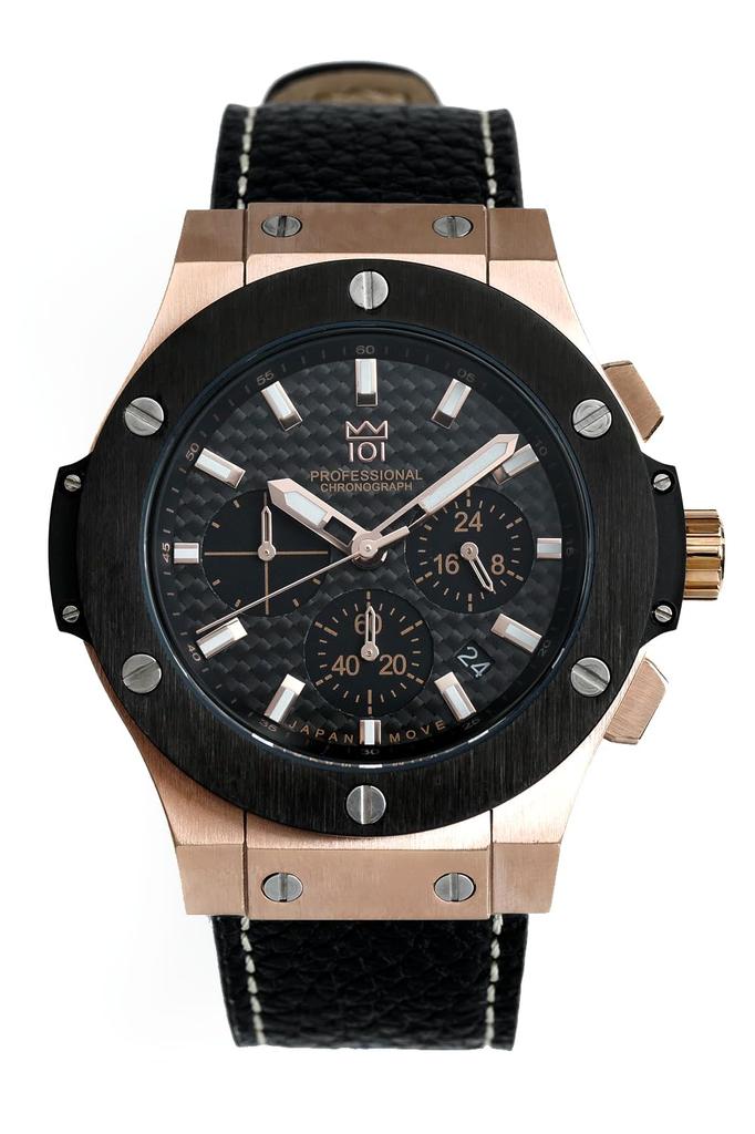 NEW model Hyakuichi wristwatch 100m waterproof chronograph date display pink gold carbon black leather belt [HYAKUICHI 101]