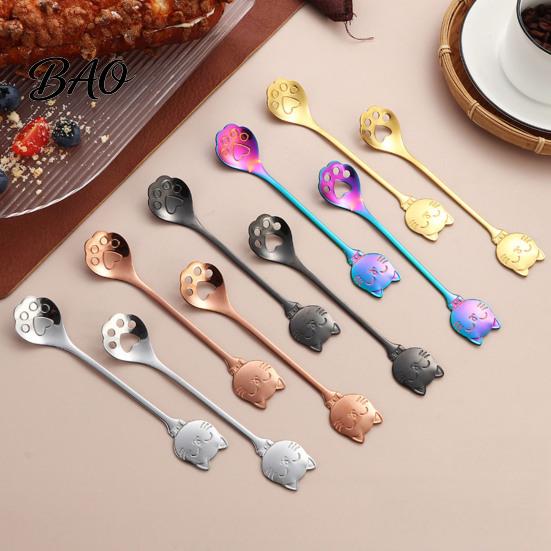 Cat Shaped Handle Spoon Coffee Spoon, Stainless Steel Paw Claw Teaspoon, Embossed Design Multi-Color Electroplated Stirring for Ice Cream Yogurt