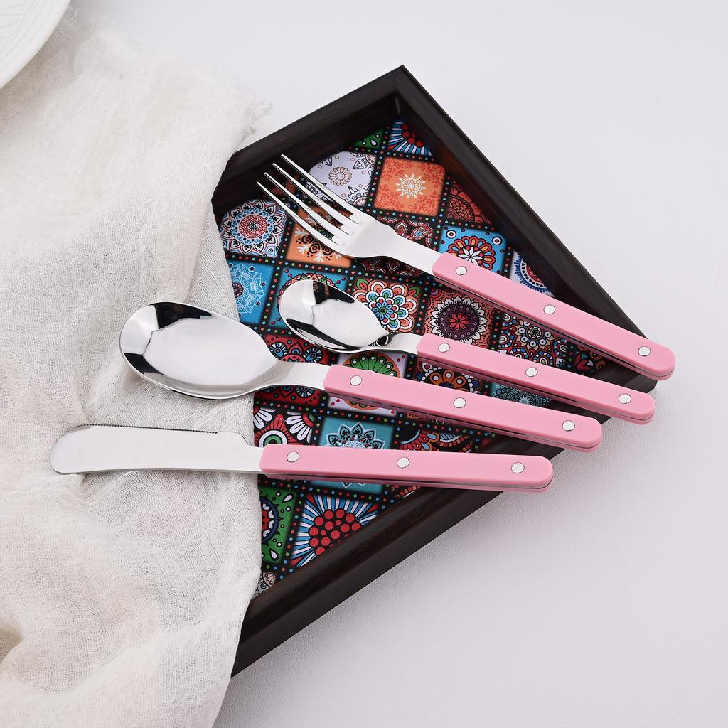 16 Pieces Color Handle Flatware Eating Utensils, Stainless Steel Tableware Rivet ABS Handle Design, Knives Forks Spoons for Home, Service for 4