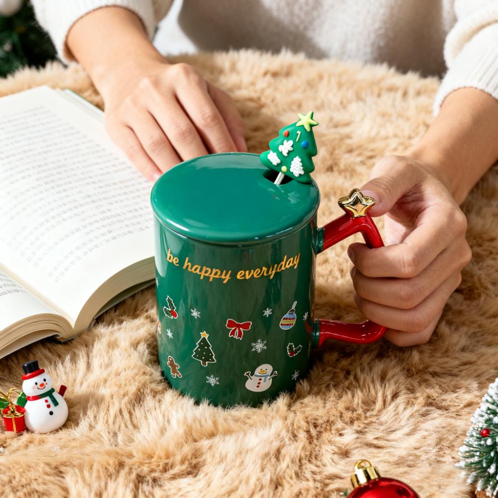 Festive Christmas Mug with Lid & Spoon Holiday Coffee Cup Cute Winter Snowman Tree Design Gift for Couples & Students