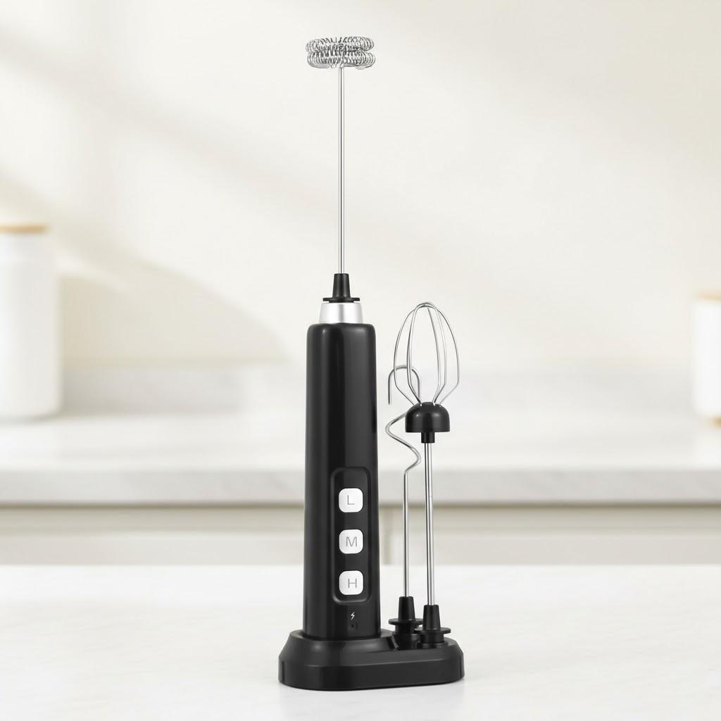 Handlicher, USB-wiederaufladbarer Mini-Milchaufschäumer, 3 Geschwindigkeiten, Schlagbesen, Backhilfe, Multifunktionale Aufsätze