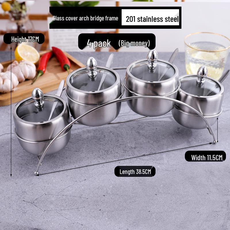 Gold Korean-Style Seasoning Jars, 201 Stainless Steel with Glass Lids On Tray, for Restaurant Use.