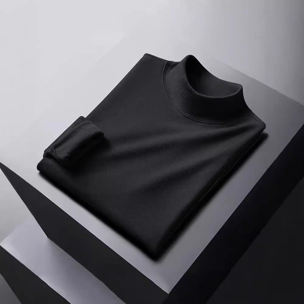 Men's Double-Sided Velvet Half-High Collar Long-Sleeve Black T-Shirt for Autumn and Winter