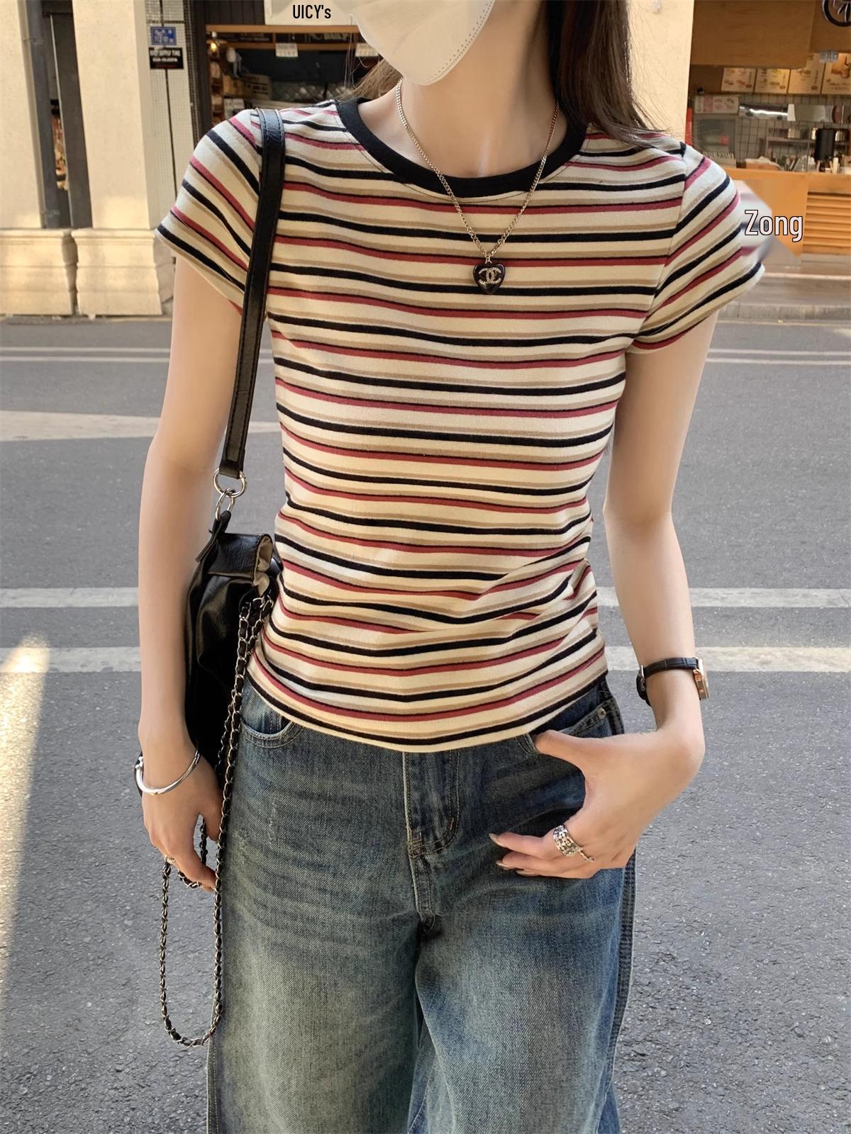 

Женская полосатая футболка с коротким рукавом в стиле ретро-шик, облегающего кроя XL - Premium