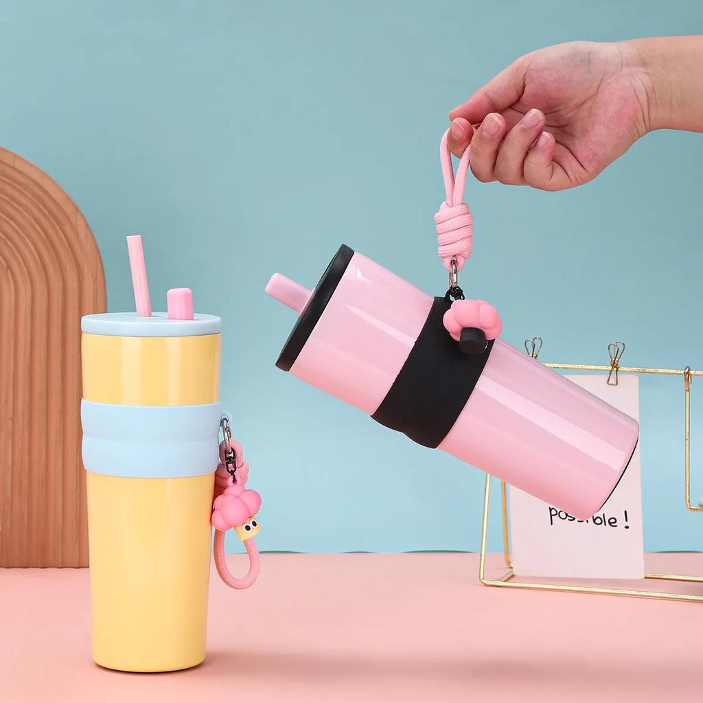 711ml Stainless Steel Tumbler with Straw & Handle, Insulated Thermal Mug for Car Office Travel hot water bottles thermos coffee