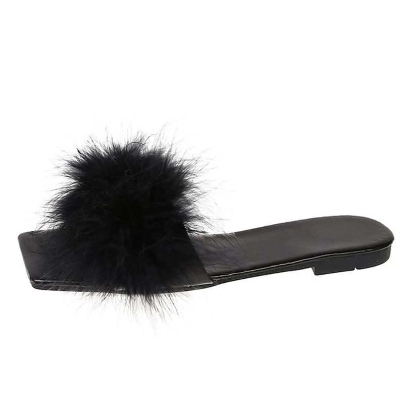 Lucyever Blue Summer Flat Fur Slipper Women 2025 Soft Bottom Non Slip Slides Shoes Woman Fashion Square Toe Fluffy Slippers