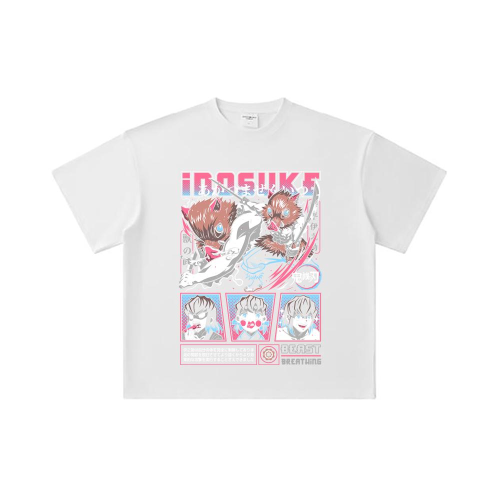 260 GSM Double Yarn 32 Count 100% Cotton Demon Slayer V28 Inosuke Print Unisex Heavy Cotton T Shirt