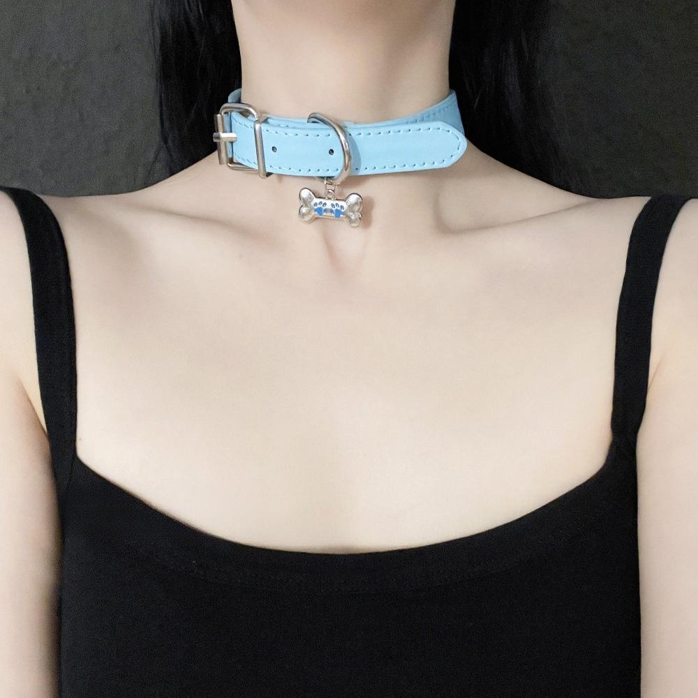 Black Leather Rope Choker, Hip Hop Puppy Bone Collarbone Necklace, Retro Rock Neck Jewelry Accessories for Women