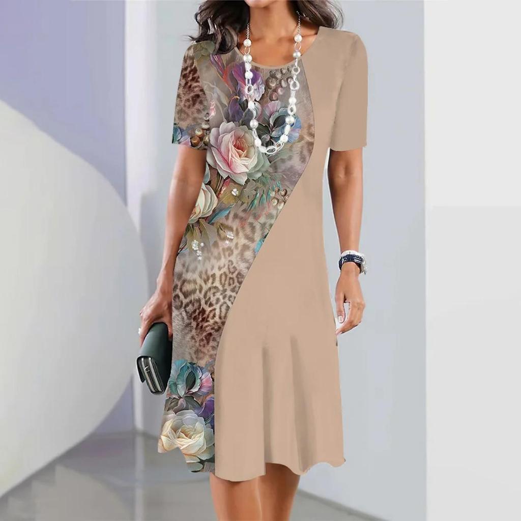 Sukienka z okrągłym dekoltem, nadrukiem w kwiaty, dopasowana do talii, elegancka sukienka dla kobiet, z krótkim rękawem, luźna sukienka na co dzień
