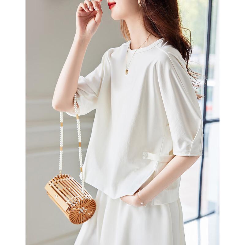 Women's Round Neck Five-Sleeve T-Shirt with Adjustable Waist