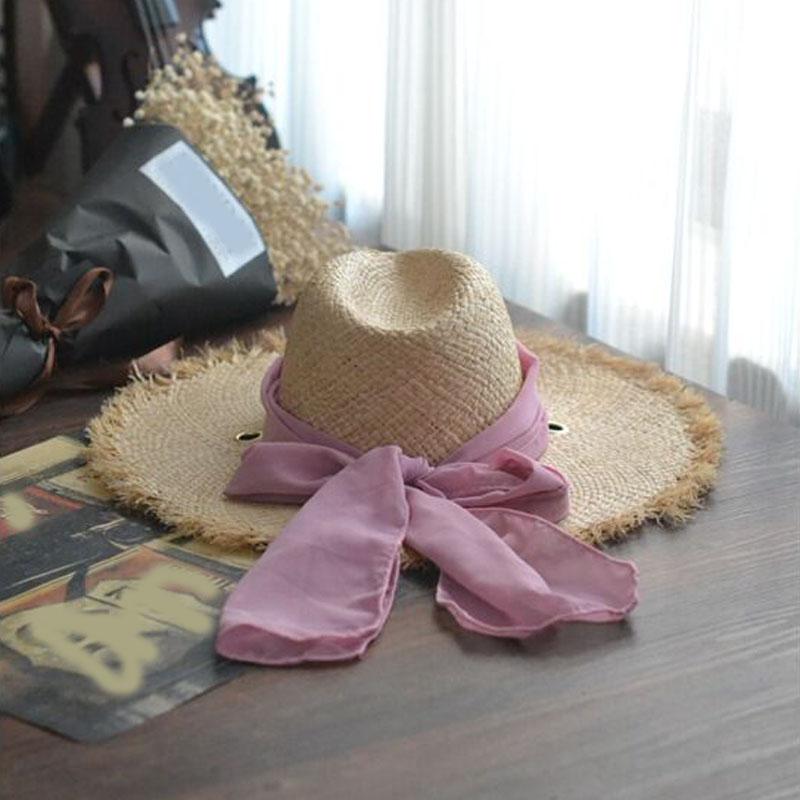 

2025 Handmade Weave Raffia Sun Hats Women Black Ribbon Lace Up Large Brim Straw Hat Outdoor Beach Summer Caps Chapeu Feminino