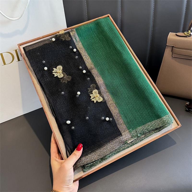 Floral Embroidery Silk Wool Scarf Luxury Women Hijab Female Foulard Pashmina Long Beach Stoles Shawl Wrap Scarves Bandana