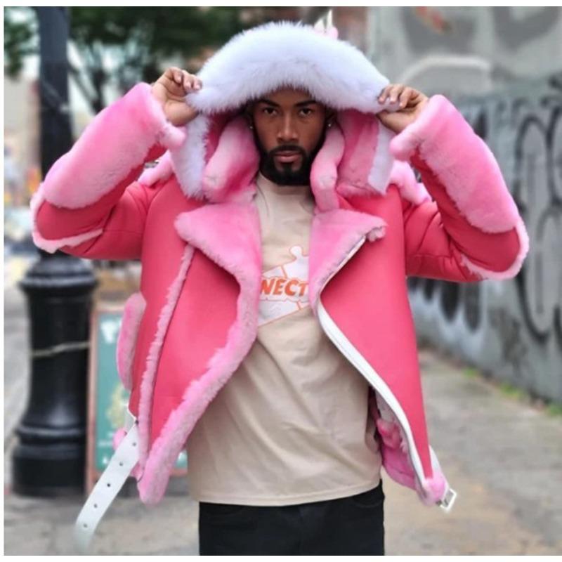 

Мужская кожаная куртка с большим меховым воротником и пряжкой на ремне из утолщенного бархата 5XL розовый