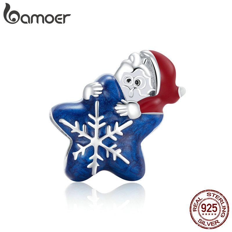 Bamoer 925 Sterling Silver Red Enamel Santa Claus Bead, Cute Snowman Charm Christmas Tree Pendant, Best Christmas Gift for Family