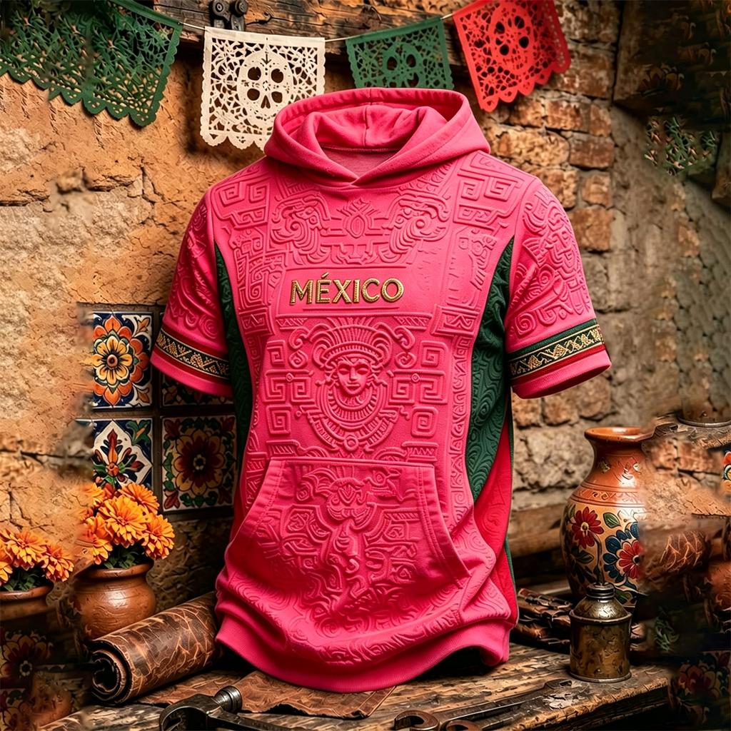 Men's Casual Retro Lightweight Short Sleeve Hoodie with Mexico Graphic Print