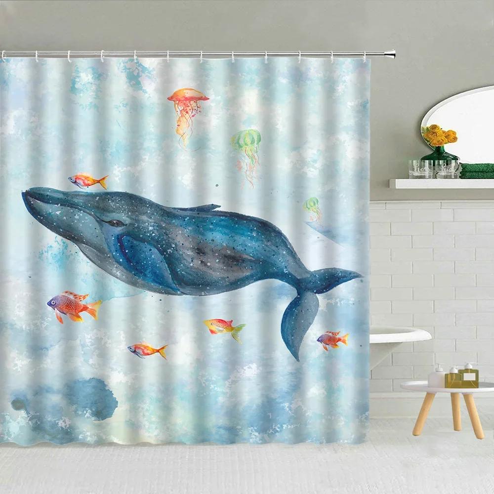 Fun Cartoon Sea Animal Shower Curtain, Sea Turtle Octopus Jellyfish Whale Crab Sea Life Landscape, Bathroom Shower Curtain Set