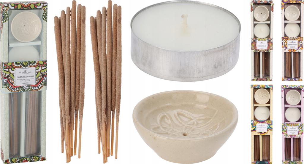 Zestaw 20 kadzidełek różne zapachy ceramiczna podstawka i tealight świeczka