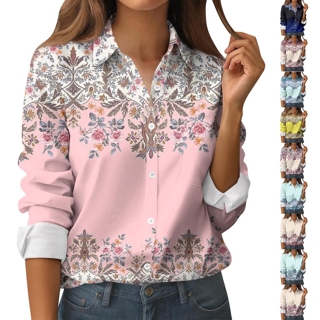 Women's Button Down Prints Shirt Long Sleeve Shirt Business Work Tops Casual With Pockets Jacket