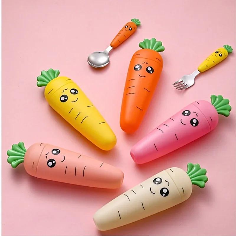 Carrots Set Children Dinnerware Stainless Steel Spoon Fork Flatware With Box Baby Feeding Tool Kitchen Tableware Supplies