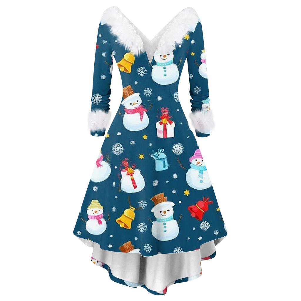Women's Fashion Elegant Autun And Winter Long Sleeve V-Neck Christmas Print Dress