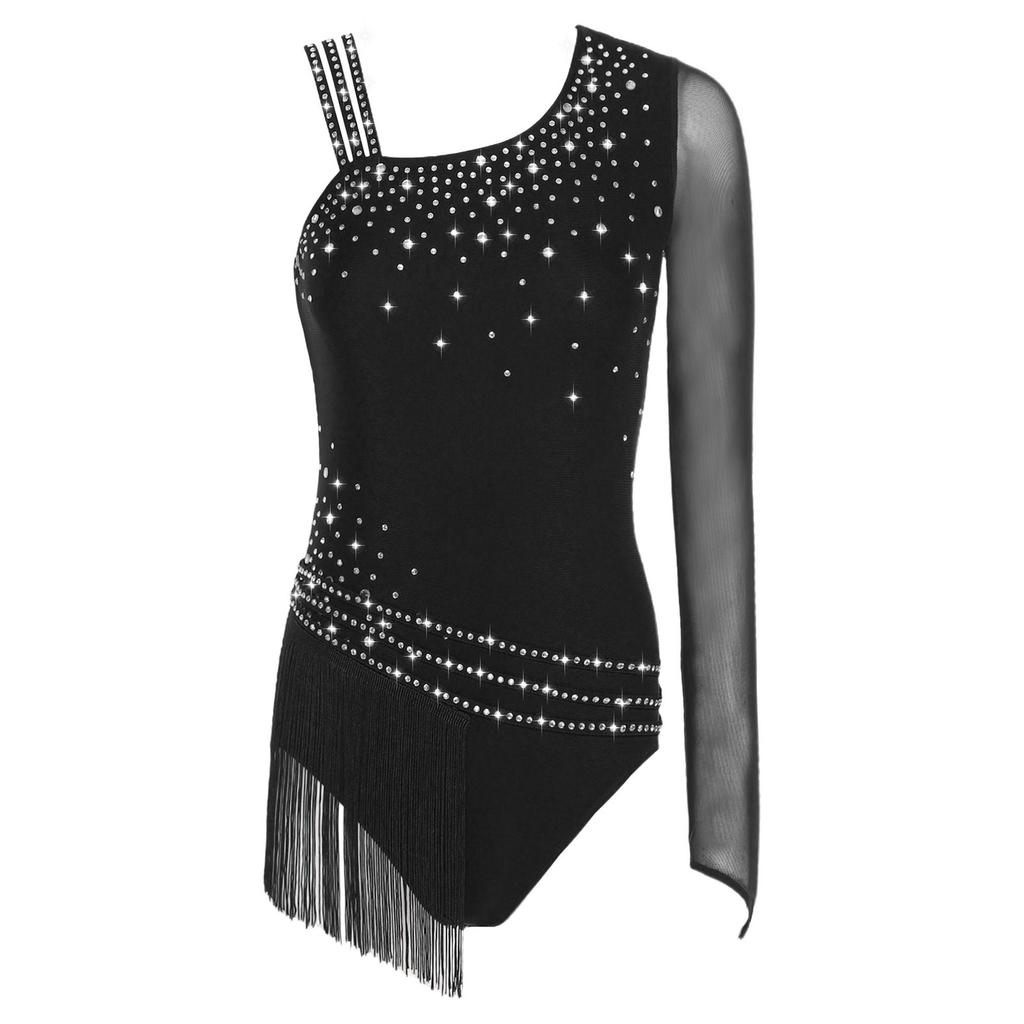 Womens Gymnastics Leotard Asymmetric Shoulder Design Glittery Rhinestone Tassel Fringe Bodysuit Latin Dancewear