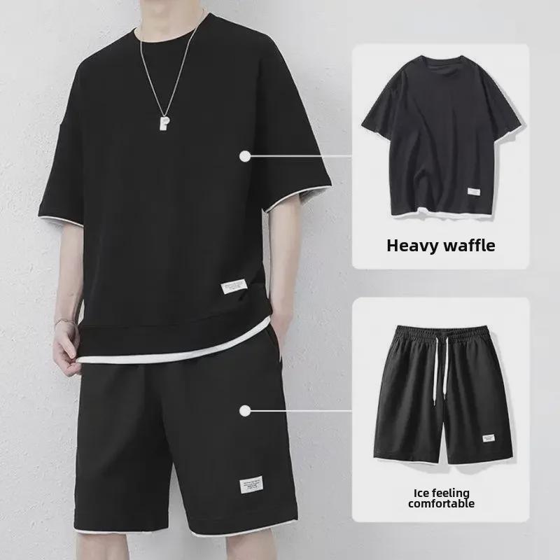 Hong Kong Style Men's Large Ice Silk Waffle Sports Leisure Set - Short-Sleeve T-Shirt & Shorts