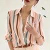 Ladies Casual Long Sleeve Lapel Contrasting Color Striped Printed Blouse Shirt Top