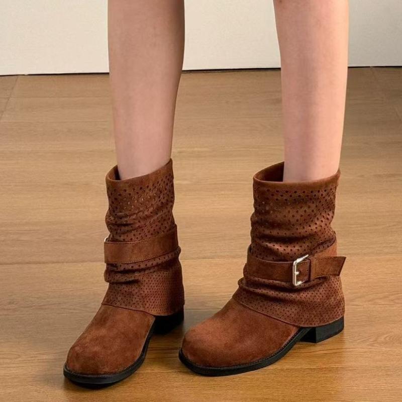 Fashion High Heels Women Hollow Short Boots 2025 New Autumn Fad Buckle Shoes Designer Chelsea Ankle Boots Dress Pumps Zapatillas Mujer