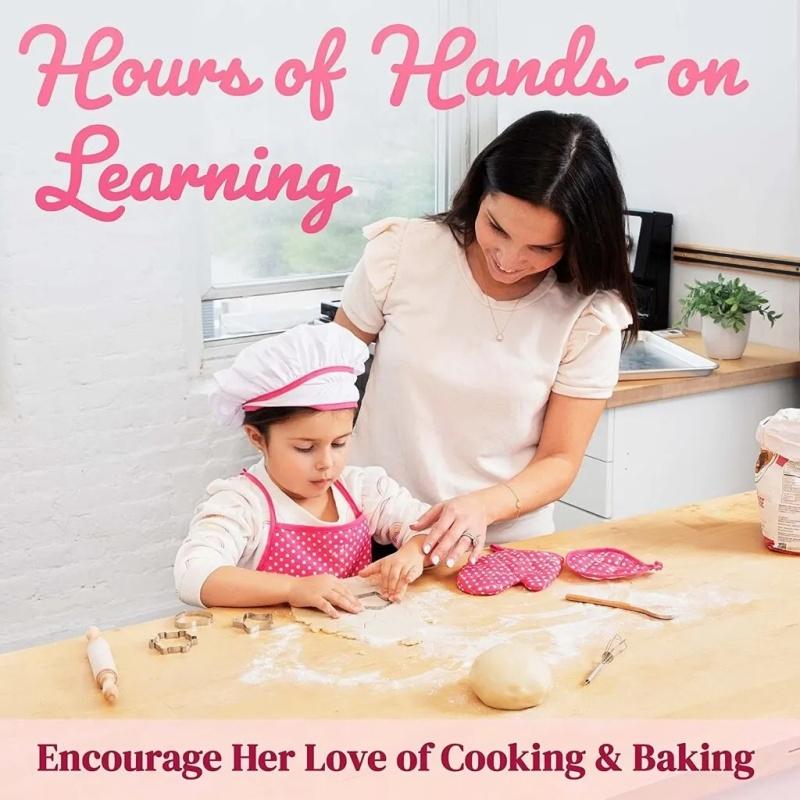 11Pcs/Set Kids Cooking Baking Set Kitchen Pretend Play Toys Includes Apron Chef Hat Mitt & Utensil Birthday Xmas Gifts for Girls