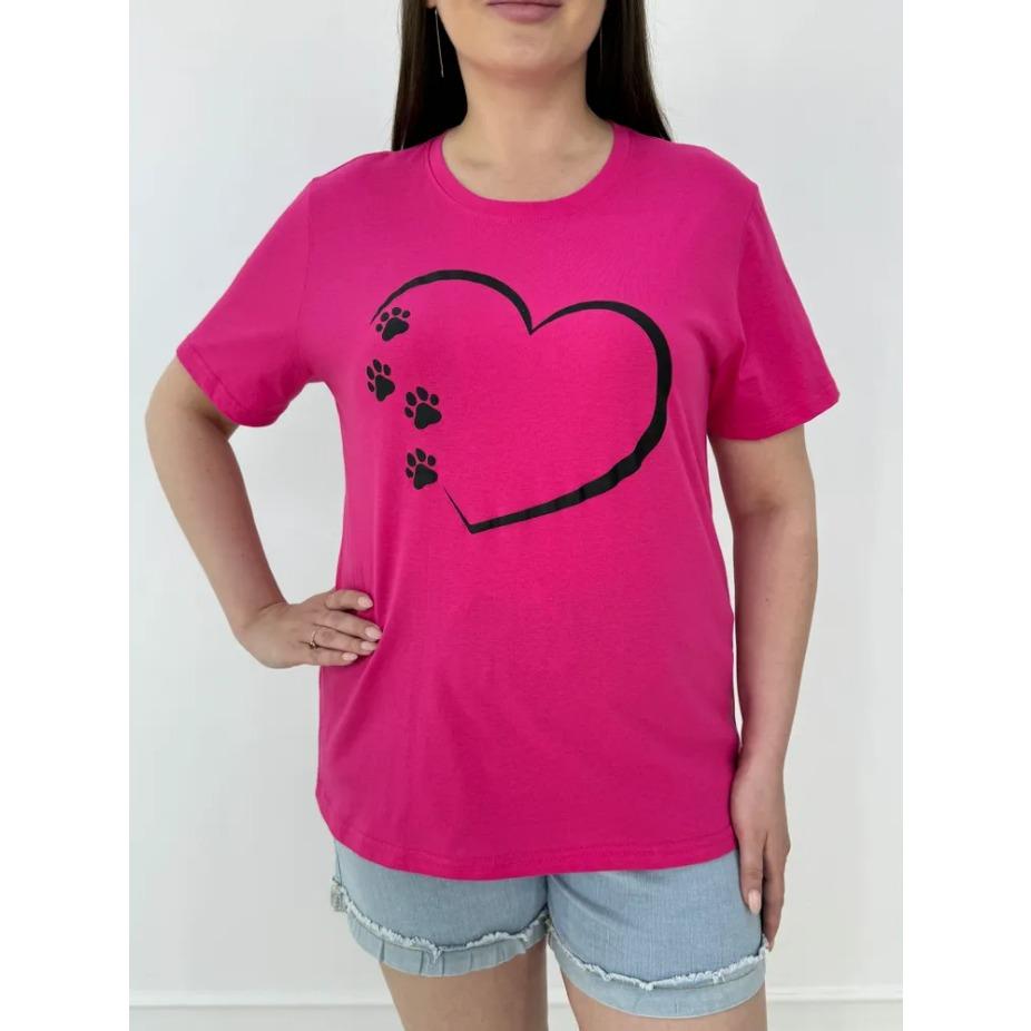 Dámské bavlněné letní tričko s krátkým rukávem a potiskem srdce, s kulatým výstřihem