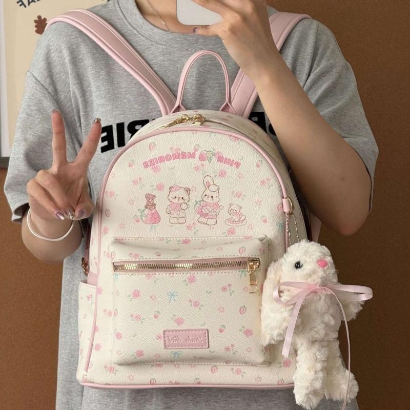 New floral kitten bunny backpack pink cute travel large-capacity student bag