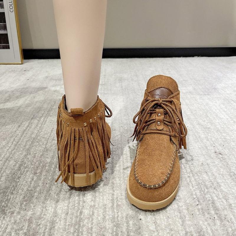 Large size retro fringed short boots for women's autumn and winter new wind lace-up flat-bottomed Zhuotian short boots for women