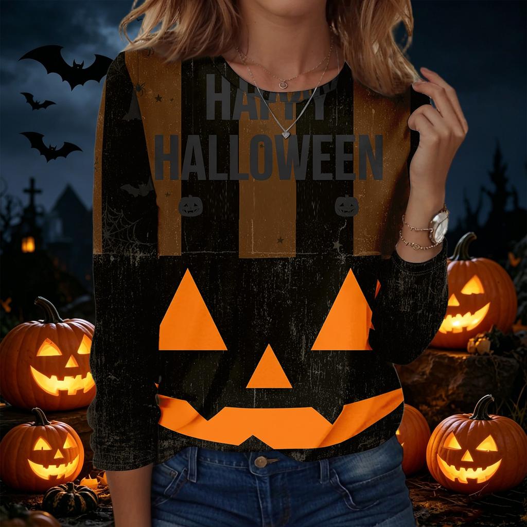 Women's Long Sleeve Casual Halloween Print Pullover Sweatshirt Round Neck Comfortable Fit Seasonal Top for Autumn Winter