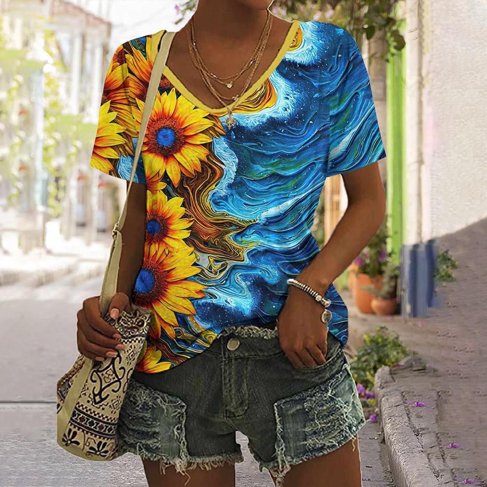 Daily Fashion V-neck Short Sleeve Tops Sunflower Patterns Printed Plus Size Loose Women's Clothing Outdoor T-Shirt