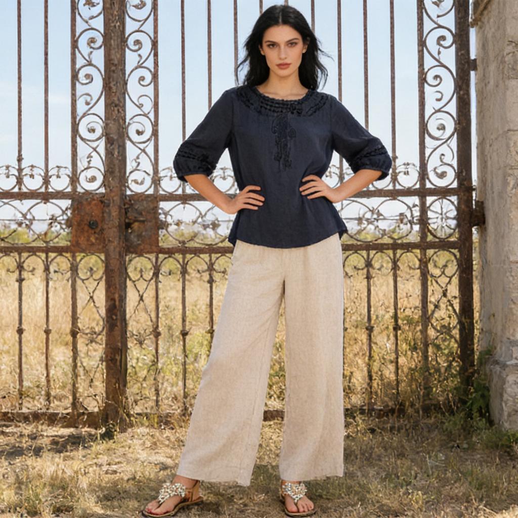 Damen Zweiteiliges Baumwoll-Leinen-Set Lockere Bluse und Weite Hosen Casual Vintage Stil Outfit für den täglichen Gebrauch