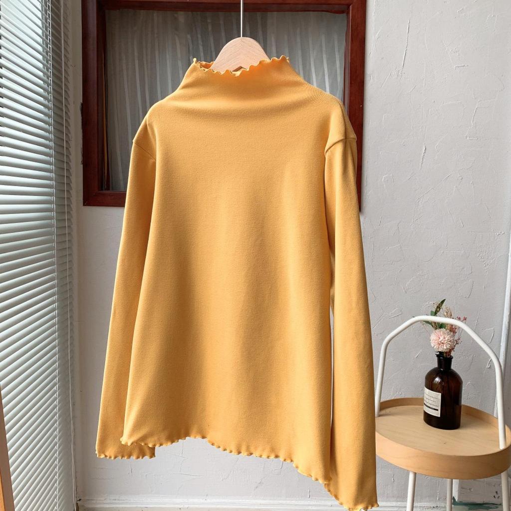 2025 Autumn/Winter Women's Ruffle-Trim Semi-High Neck Solid Color Slimming Warm Base Layer Top