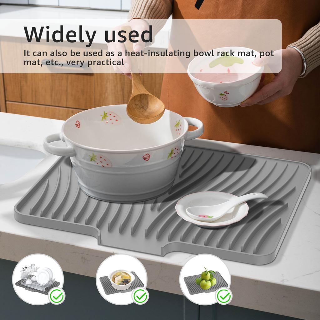 Silicone Dish Drying Mat Efficient Drain Pad 40x33x1.5cm Nonslip Kitchen Dish Drainer Pad with Raised Drain Lip for Home Counter