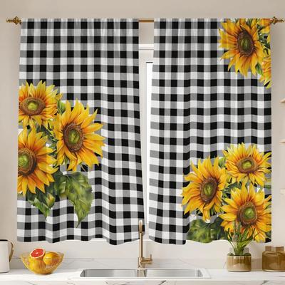 Kitchen Curtains Sink Bathroom Window Cafe Basement Short Mini Curtain Sunflower Black White Checkered Farmhouse Made Of Polyester Washable Ready