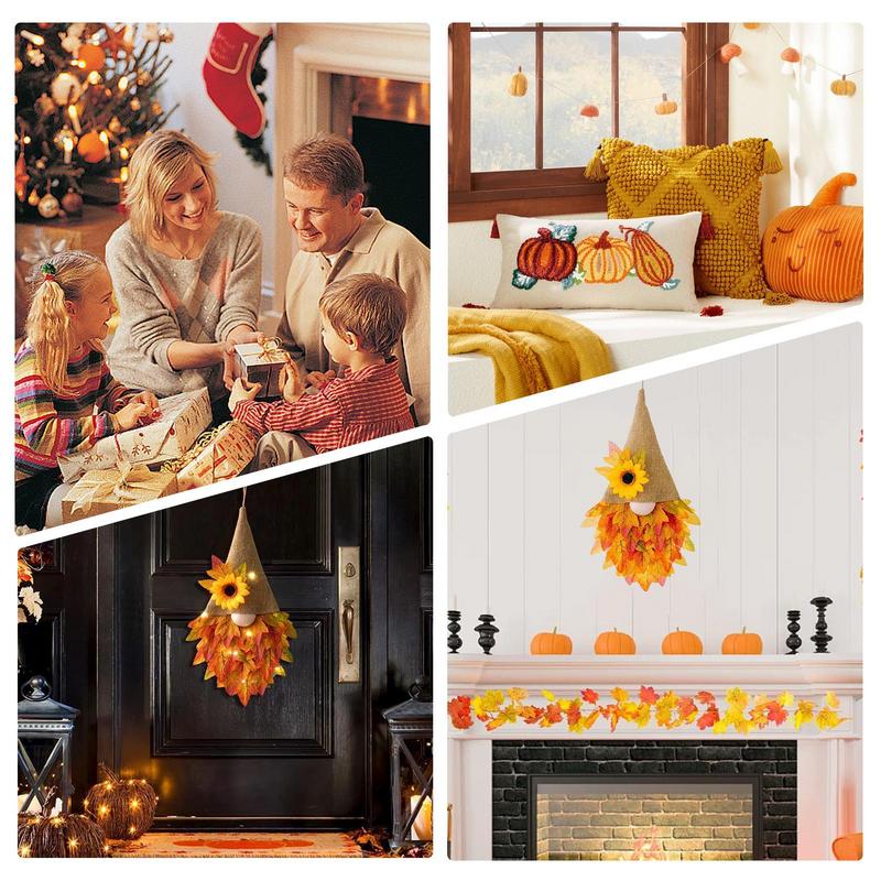 Thanksgiving Wreath With Lights Fall Gnome Door Decoration Hangable Porch Garland Artificial Flower Wreath For Party Wall Window