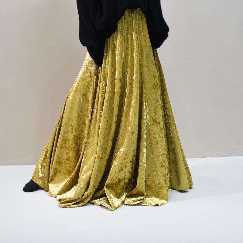 

2026 Spring Retro Diamond Velvet High Waist Slimming A-line Midi Skirt with Gold Thread 100CM золотий/каштановий