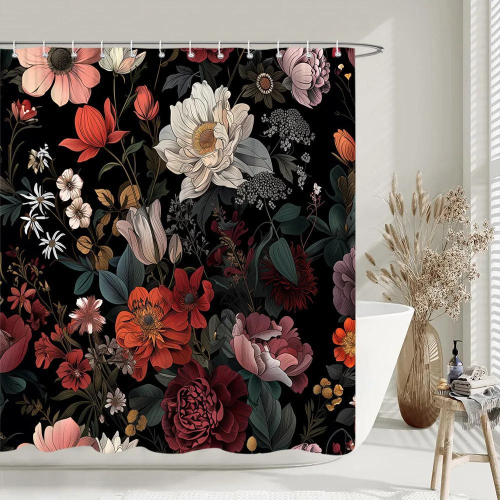 Black Gold Boho Botanical Floral Shower Curtain Vintage Floral Rose Aesthetic Unique Chic Polyester Bath Curtains Bathroom Decor