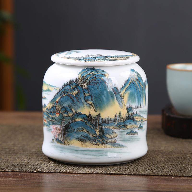 Ceramic tea jar landscape painting general purpose jar coffee food moisture-proof sealed storage jars white porcelain tea can