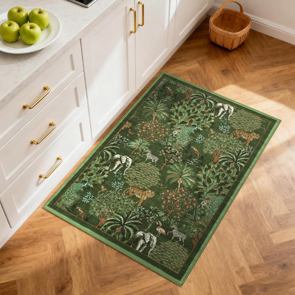 Tappeto per Area con Stampa Animali della Giungla, Design Tigre Elefante Zebra Safari, Tappetino Antiscivolo per Camera dei Bambini, Asilo Nido, Arredamento Casa