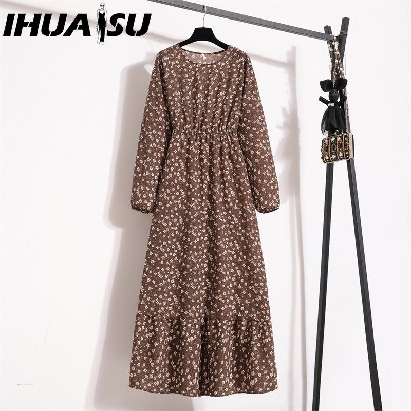 IHUASU 25 Colors Spring Women Maxi Dresses Casual Long Sleeve Floral Print O-Neck Ladies Long Dress Bohe Beach Party Mujer Vestidos Muslim Dress