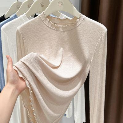Women Long Sleeves Autumn Cotton Comfortable Stretch Solid Color Round Neck Loose Tops