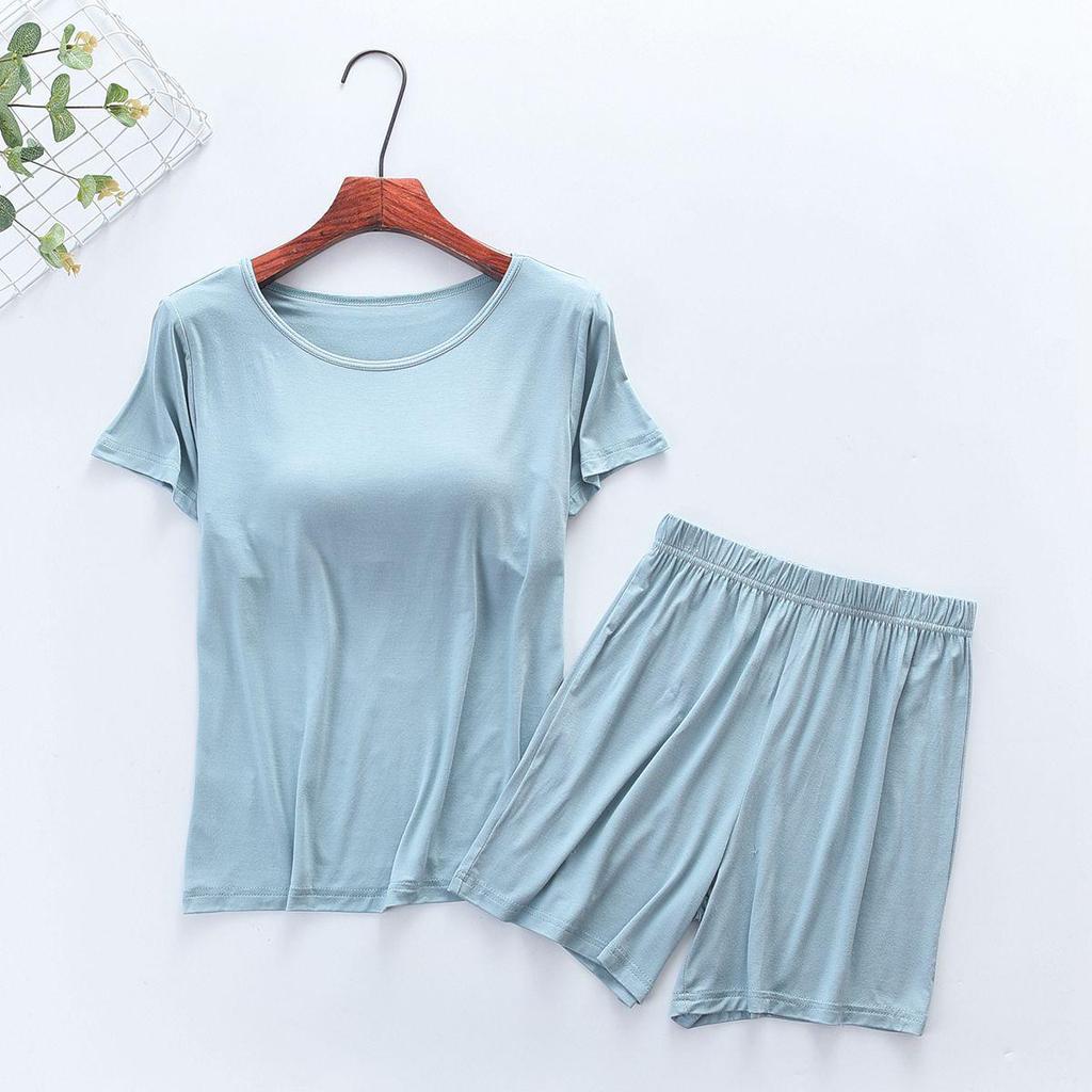 Modální dámský pyžamový set s krátkým rukávem a vestavěnou podprsenkou, nadměrná velikost, bezdrátový, volný střih topu s polovičním rukávem a šortky pro domácí nošení