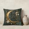 Mystic Gold Moon Floral Pillow Cover 2D Faux Embroidery Print Emerald Green Celestial Boho Cushion Case For Sofa Bed Home Decor