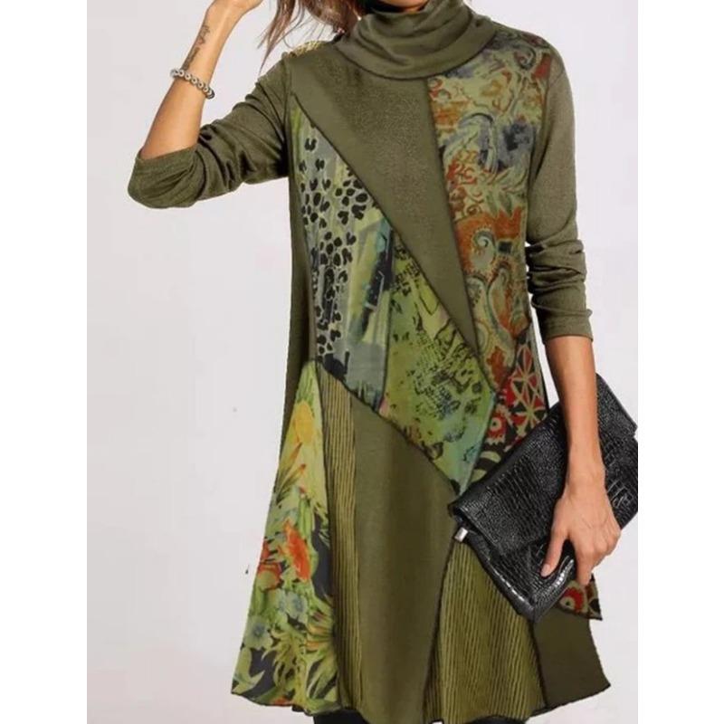 

YYFS Женская мода весна осень длинный рукав высокий ворот свободная талия повседневные платья XXXL зелёный