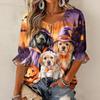 Women's Halloween Print Three-Quarter Sleeve Round Neck Blouse with Tie Front and Ruffle Hem